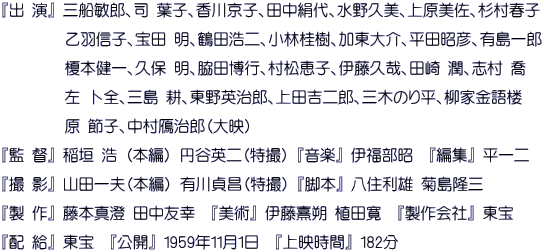 『出 演』 三船敏郎、司 葉子、香川京子、田中絹代、水野久美、上原美佐、杉村春子 　　　　乙羽信子、宝田 明、鶴田浩二、小林桂樹、加東大介、平田昭彦、有島一郎 　　　　榎本健一、久保 明、脇田博行、村松恵子、伊藤久哉、田崎 潤、志村 喬 　　　　左 卜全、三島 耕、東野英治郎、上田吉二郎、三木のり平、柳家金語楼 　　　　原 節子、中村鴈治郎（大映） 『監 督』 稲垣 浩 （本編） 円谷英二（特撮） 『音楽』 伊福部昭　『編集』 平一二 『撮 影』 山田一夫（本編） 有川貞昌（特撮） 『脚本』 八住利雄 菊島隆三 『製 作』 藤本真澄 田中友幸　『美術』 伊藤熹朔 植田寛　『製作会社』 東宝 『配 給』 東宝　『公開』 1959年11月1日　『上映時間』 182分
