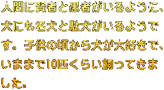 人間に賢者と愚者がいるように、 犬にも名犬と駄犬がいるようで す。子供の頃から犬が大好きで、 いままで10匹くらい飼ってきま した。